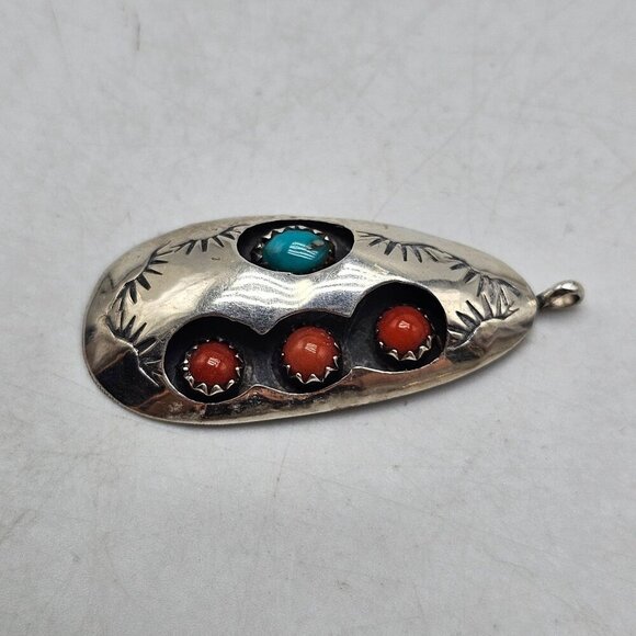 Vintage Navajo Clarence B. Tom? Sterling Silver Pendant Coral Turquoise Stones - Picture 3 of 6